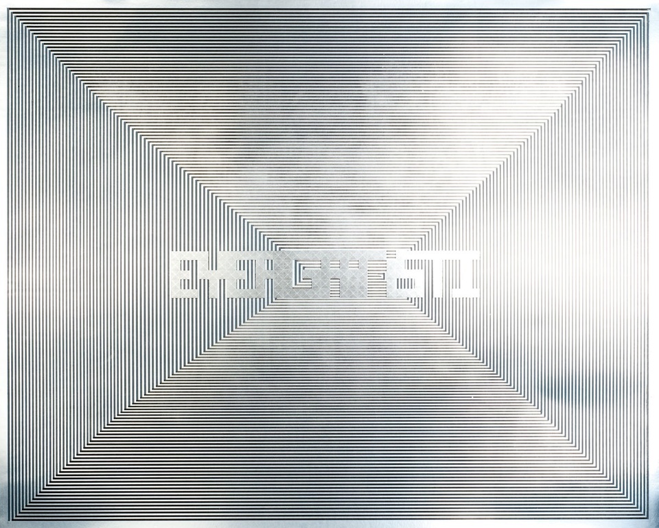 Image of a striped, silver pattern moving towards the center of the composition with the words "Eye Against I" in the middle of the frame