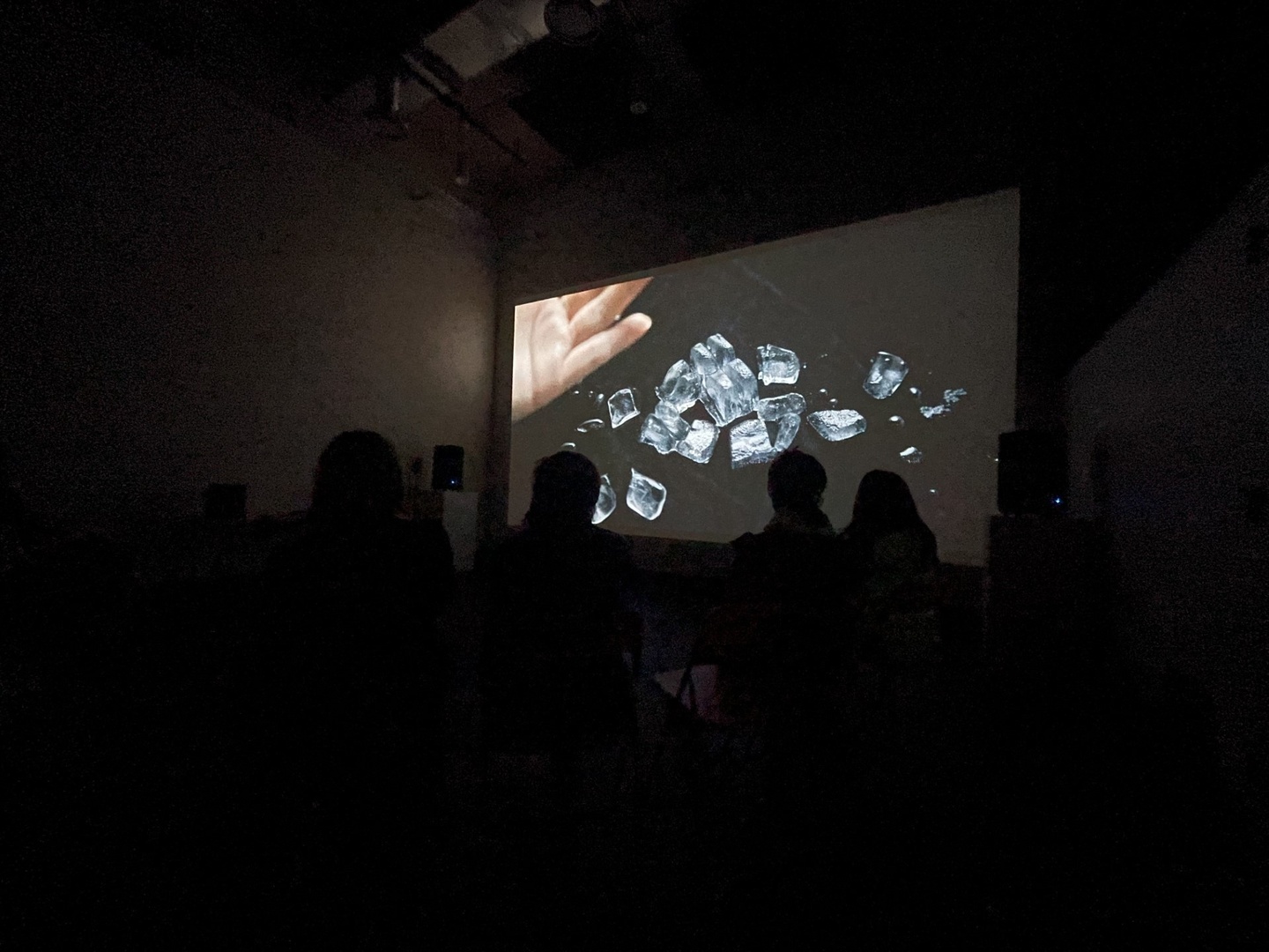 Photo in a darkened room, of people watching a screening of a film