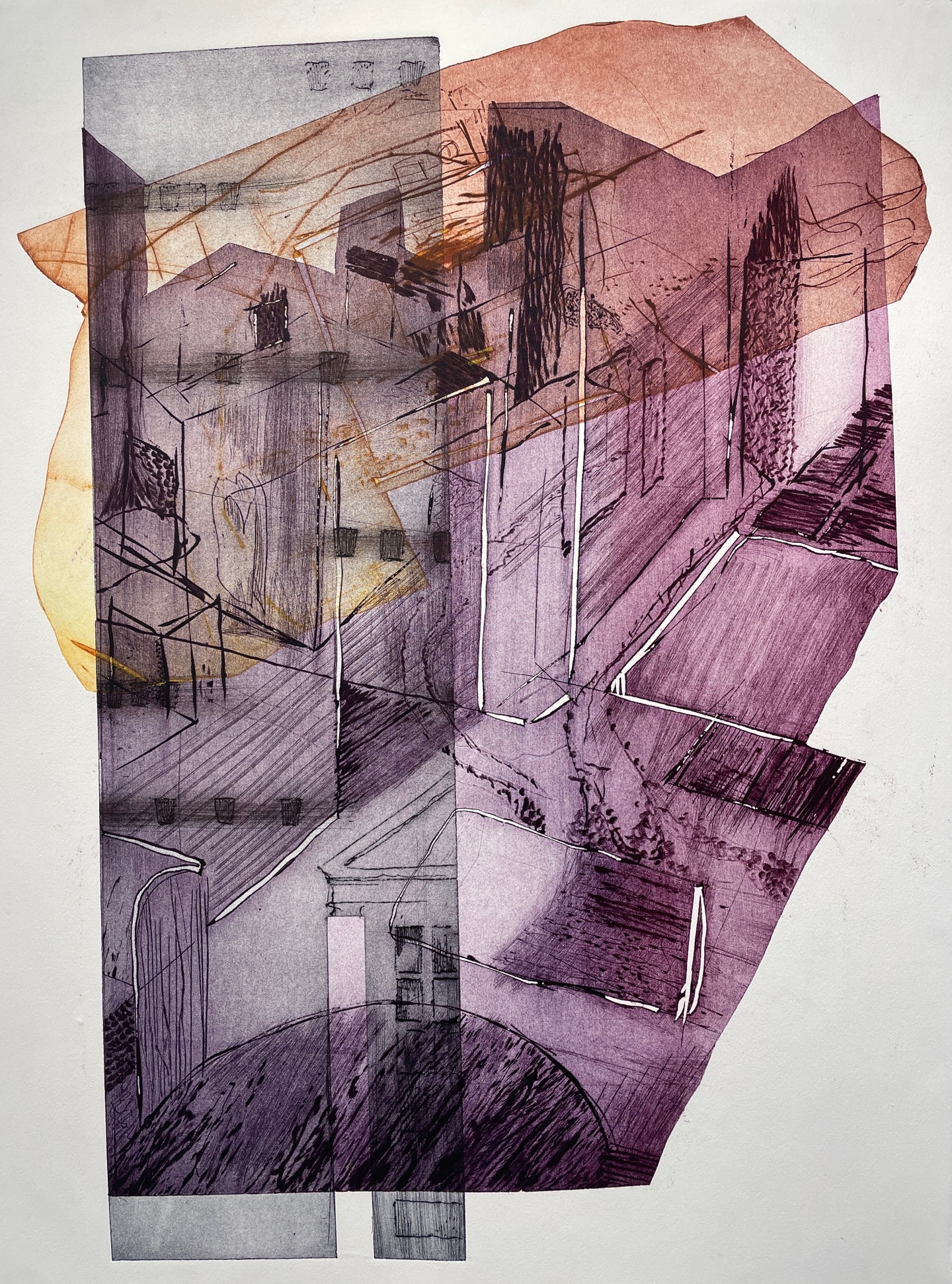 Printed collage of several images in oranges purples and blacks.