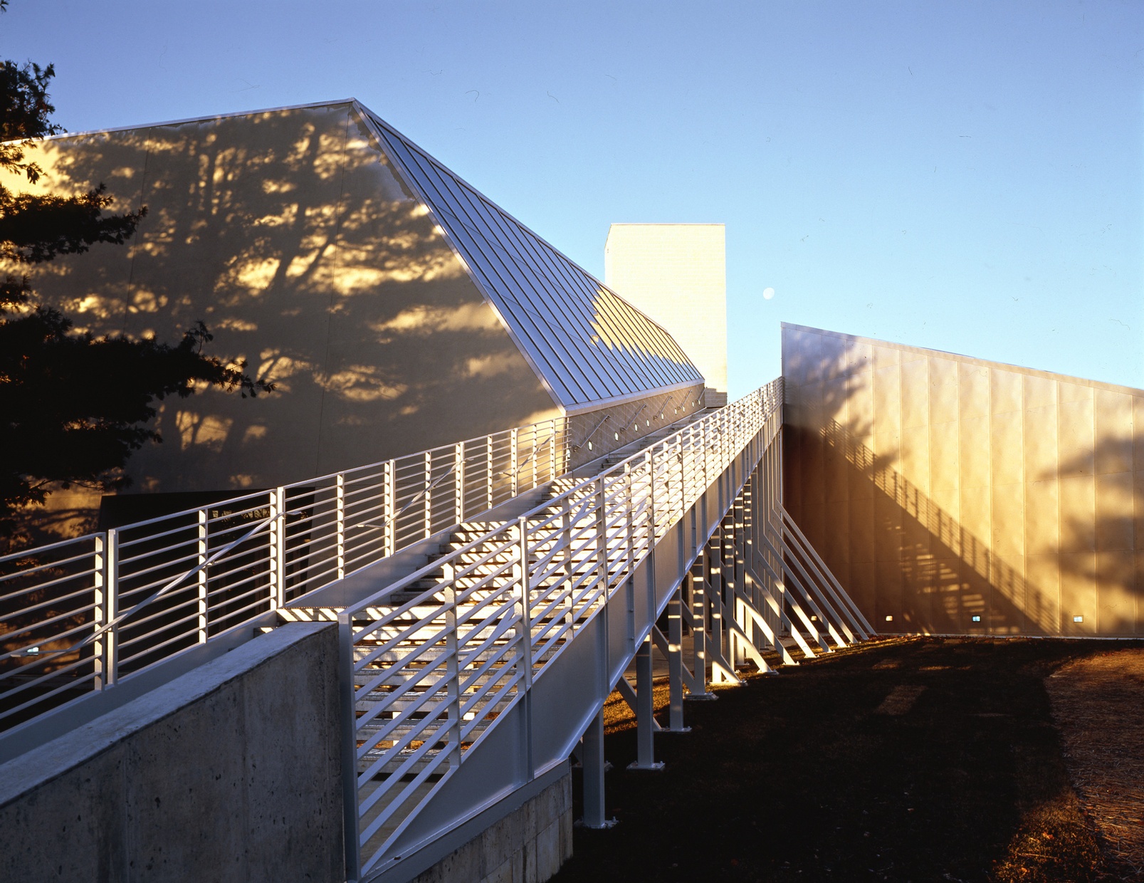 White and gray stairs lead up to the roof of a white and gray, angular building shadowed by trees.