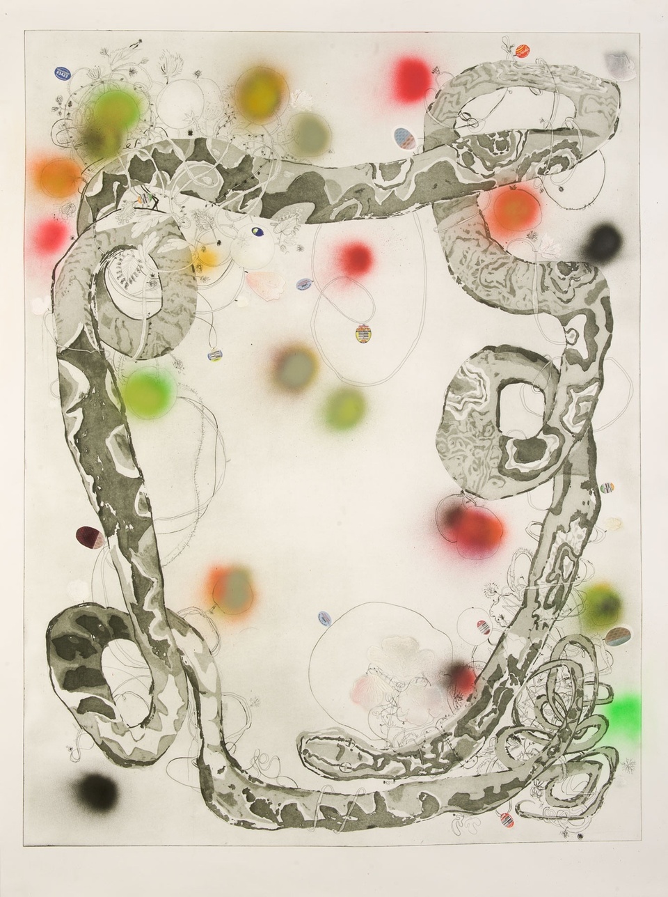 Etching of large snake with spray painted circles of different colors spread throughout