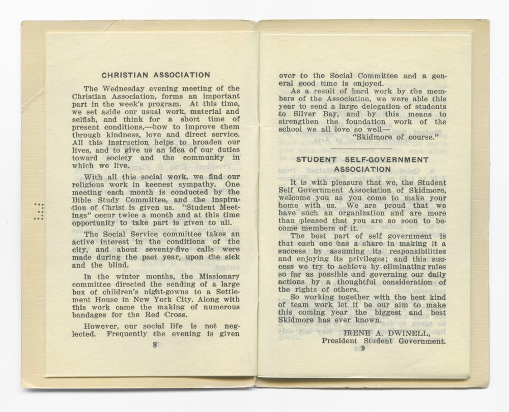 A yellowed book opened to pages 8-9 has the headers “Christian Association” on the top left of the page and “Student Self-Government Association” in the middle of the right page.