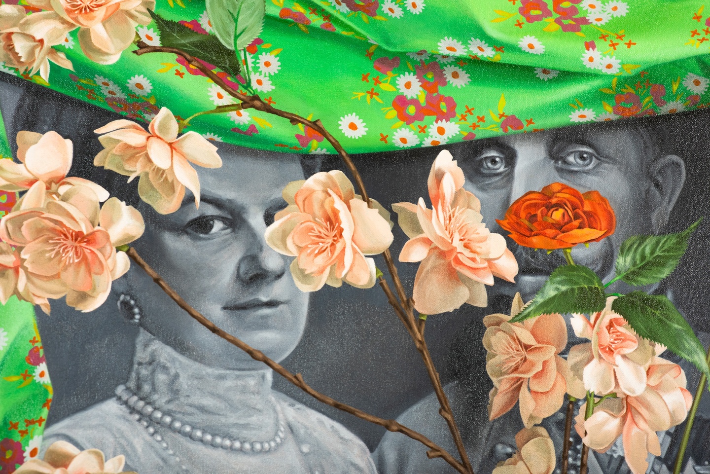 Detail of a trompe l'oeil style painting of a black and white photograph of two people in historical garb, partly obscured by a bright green fabric fold and a couple peach-colored roses.