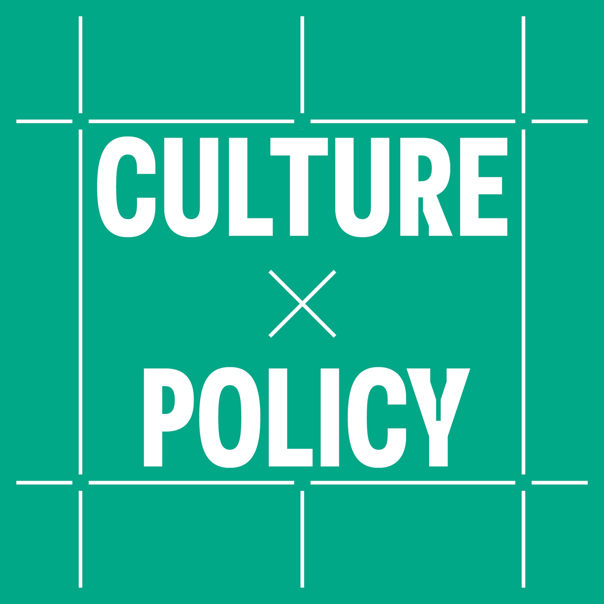 A green background with a white grid pattern and the words Culture x Policy