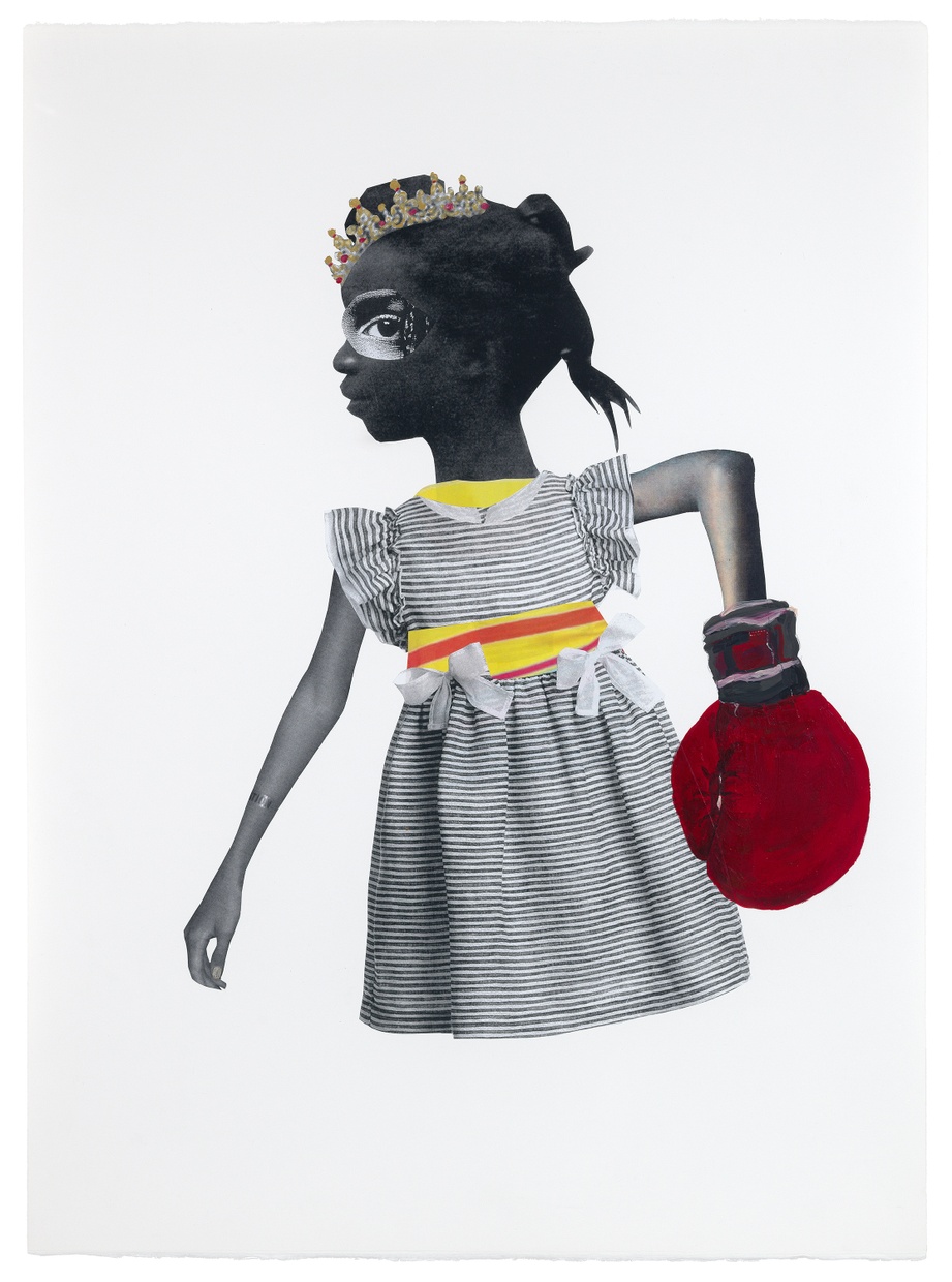 A collage of the upper body of a young Black girl wearing a dress, a crown, and a red boxing glove on her left hand.
