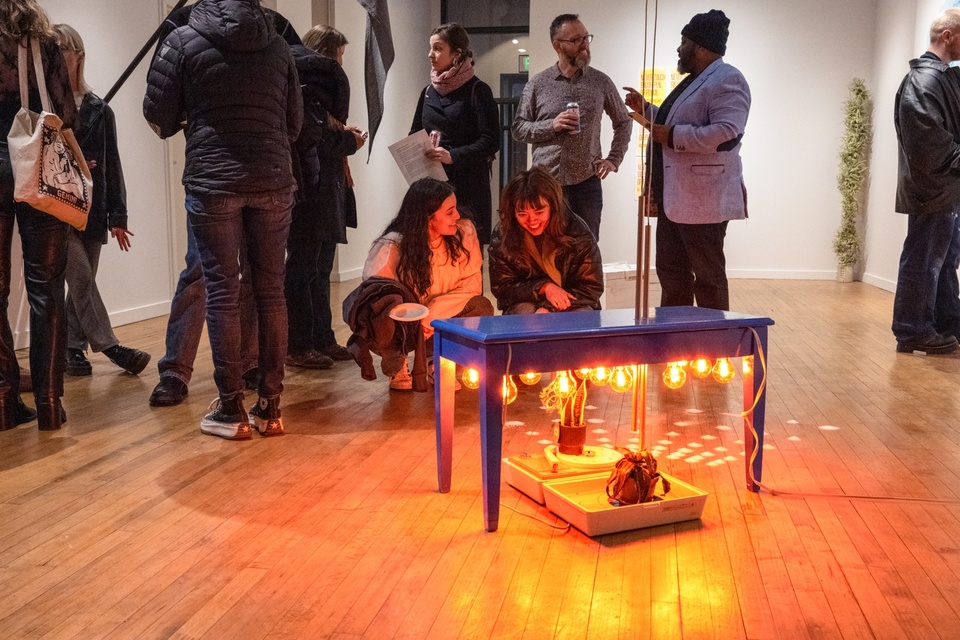 Two students squat on the ground, mesmerized by a cobalt-blue piano bench that has been rigged with bright orange lightbulbs on the underside. A live snake plant and a dead snake plant are placed in trays underneath it.