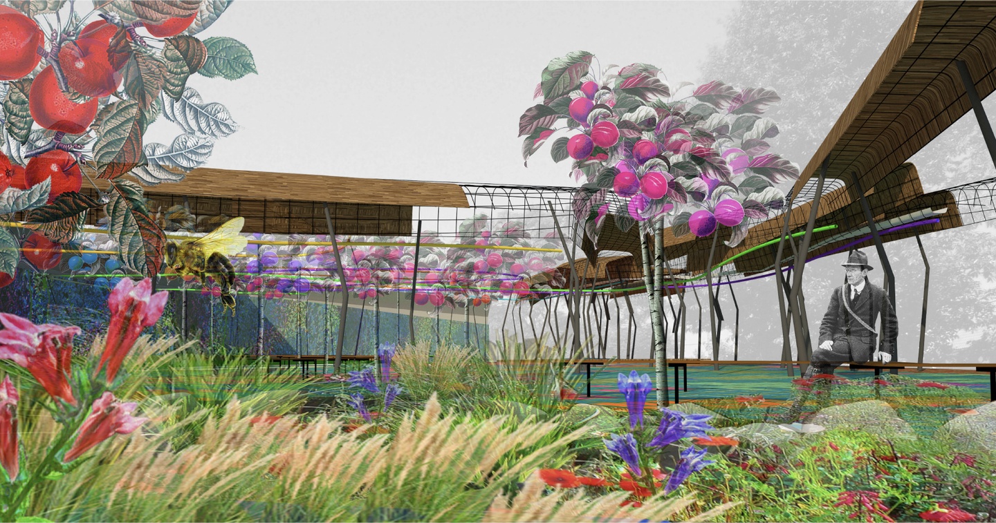 Rendering of a garden area full of tropical flowers and fruit and spindly shade structures with thatched roofs.