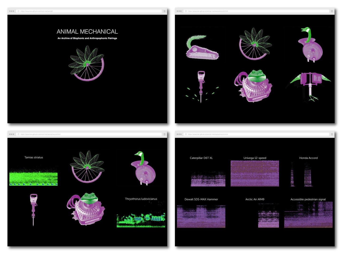 Screenshots of a website tiled 2x2: (upper left) is the landing page, which is titled "ANIMAL MECHANICAL" with the text "An Archive of Biophonic and Anthropomorphic Pairings" below. Underneath this text is what appears to be leaves/petals (in green) that transforms into a bicycle wheel (purple). Six images of such animal/mechanical pairings (upper right), with the animal part in green and the mechanical portion in purple. (Lower two screenshots) each image also turns into a more abstract composition, (lower left) some green with Latin text in white, others (lower right) purple with supplementary text in white.