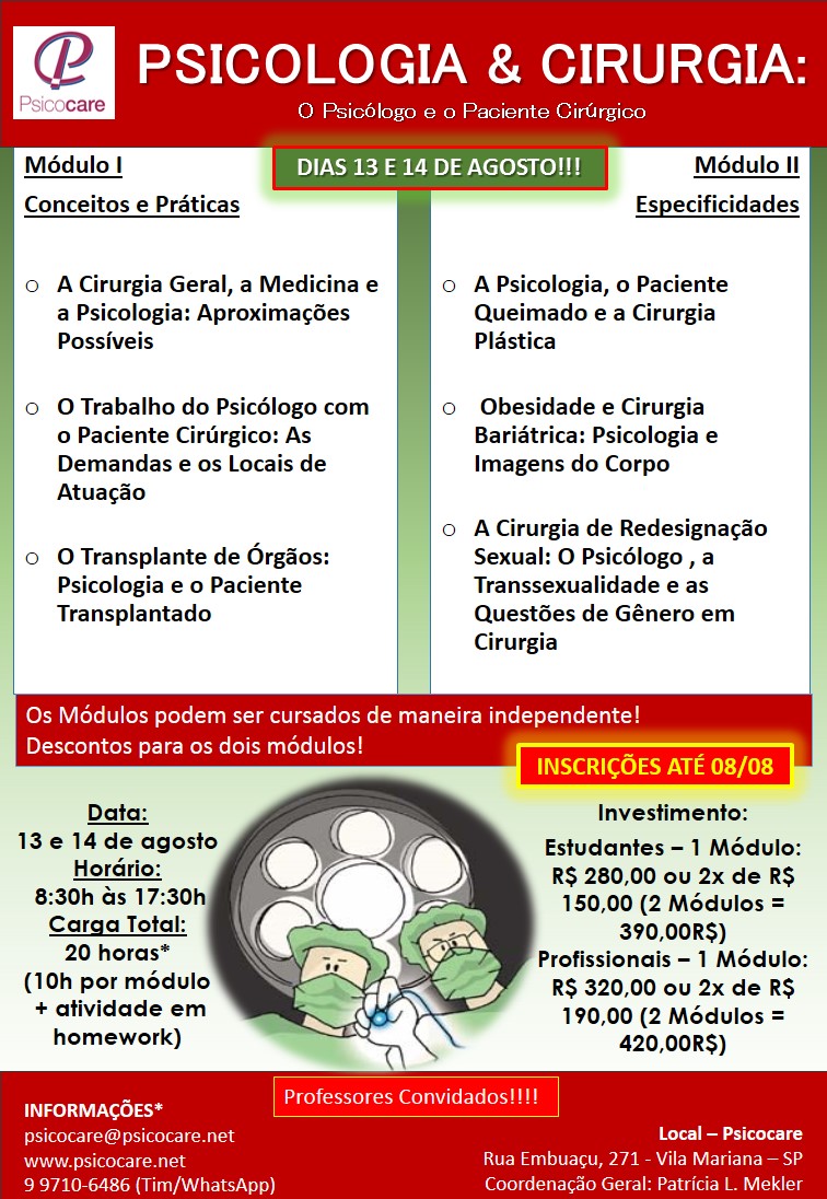 PSICOLOGIA &amp; CIRURGIA: O Psicólogo e o Paciente Cirúrgico