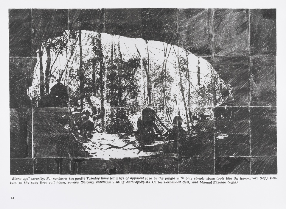 black and white image from tiled photocopies with handmade markings from the transfer process