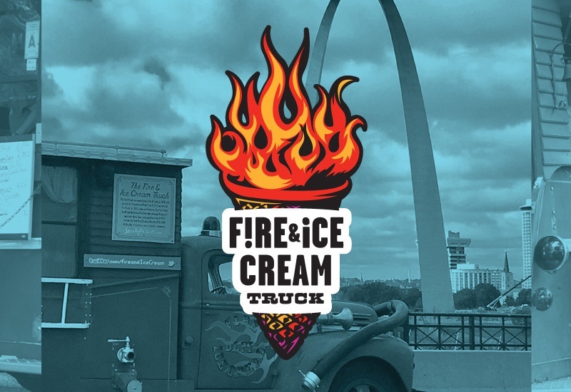 Logo identity for Fire & Ice Cream Truck, featuring orange and red flames coming out of an ice cream cone, with a blue-toned photo of St. Louis and the Arch in the background.