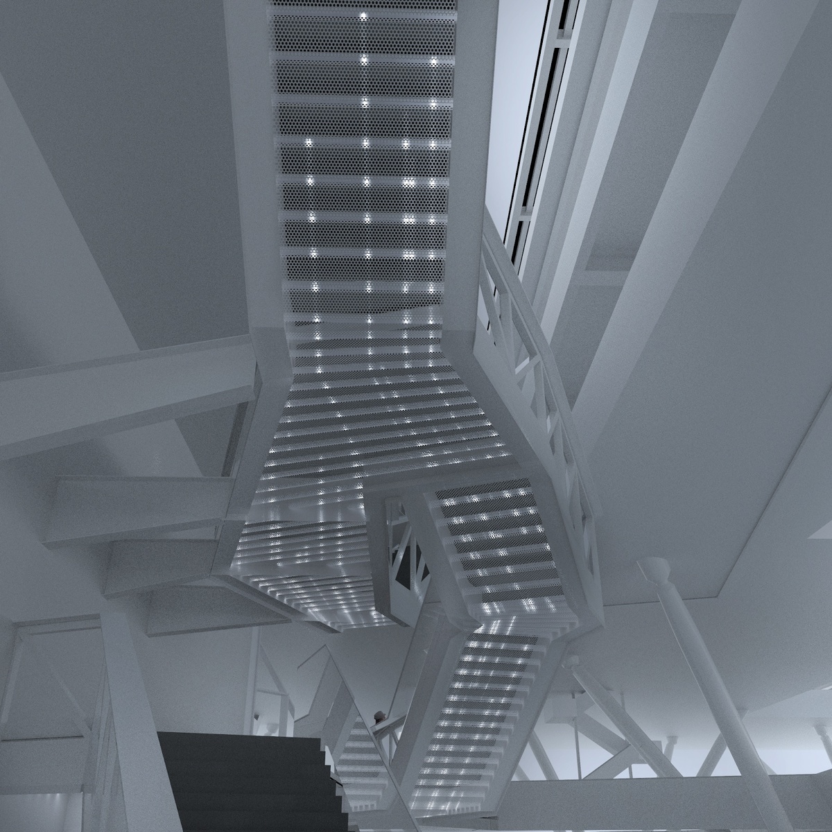 View of staircase from below, revealing light white digital content on treads. 