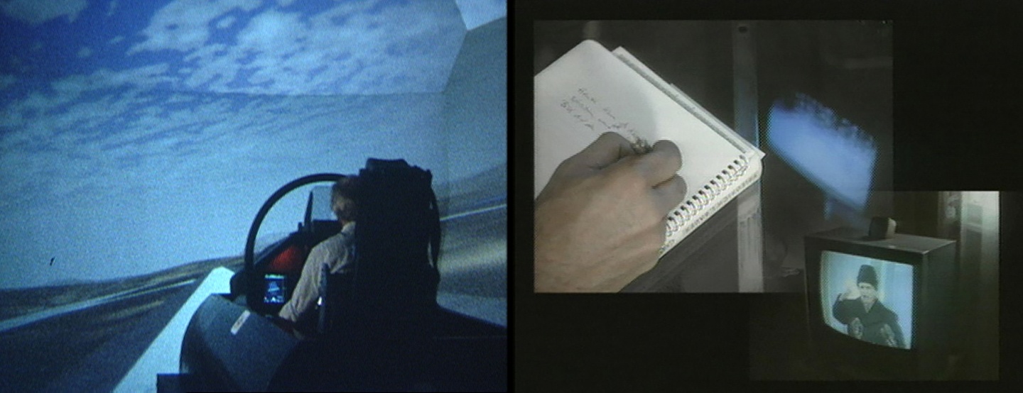 View of sky and back of pilot from inside airplane cockpit; hand writing in notebook, and person speaking on a television screen