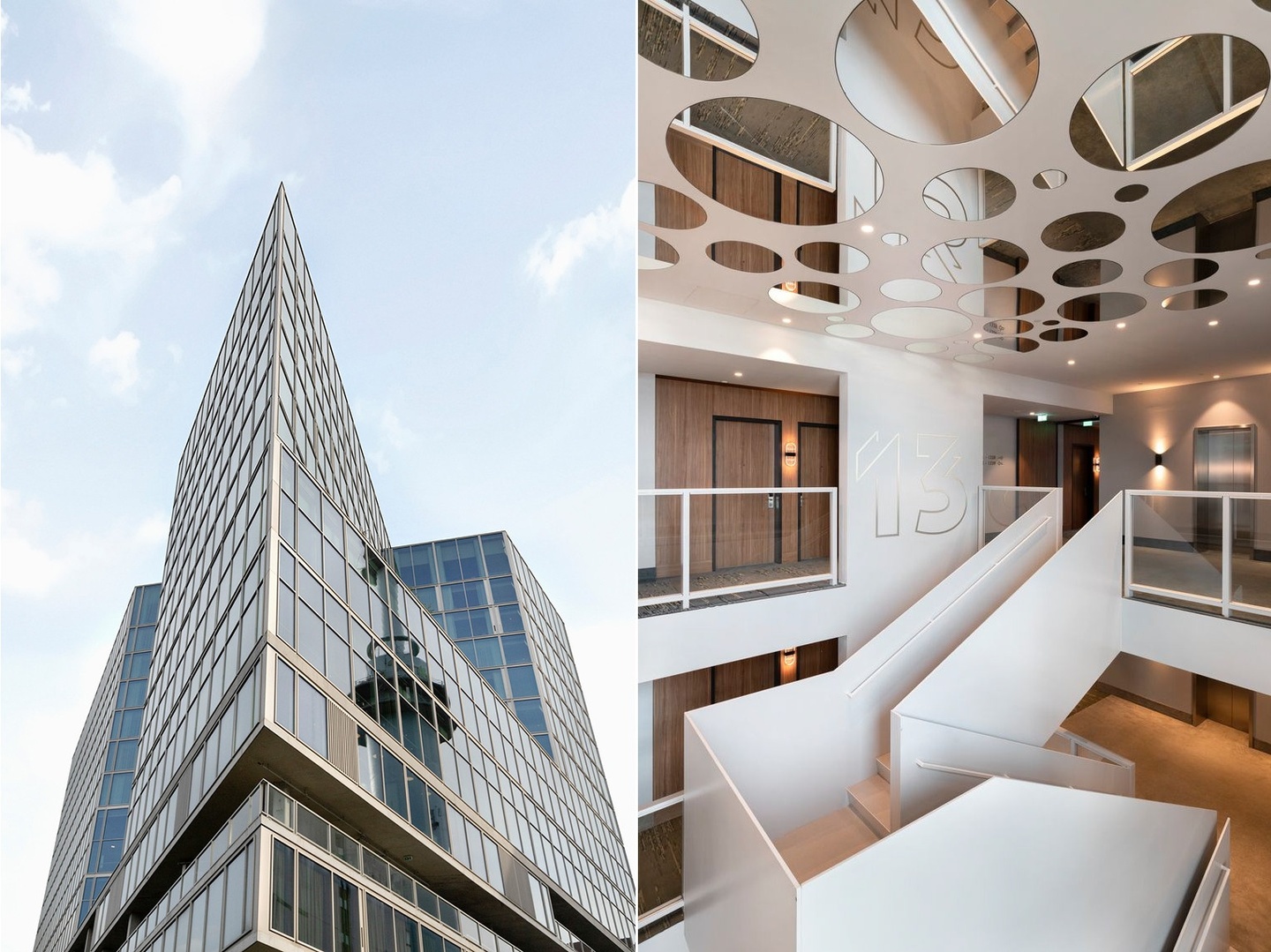 Side-by-side photos of the exterior facade of a multistory hotel, looking skyward and of the interior space of the hotel, featuring a irregularly shaped white staircases and a partially open ceiling with circular openings between floors.