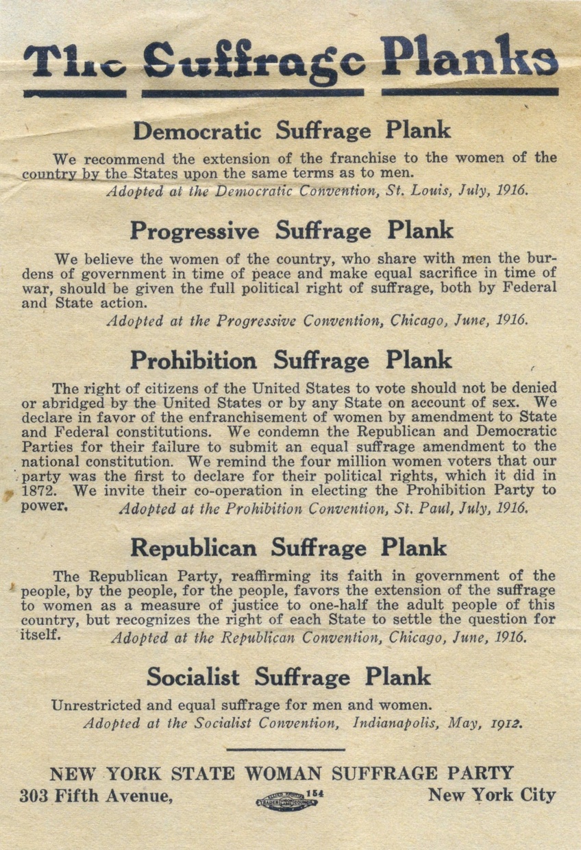 A yellowed and slightly creased page bears the headline “The Suffrage Planks” with descriptions for the suffrage planks of five political parties: Democratic, Progressive, Prohibition, Republican, and Socialist.