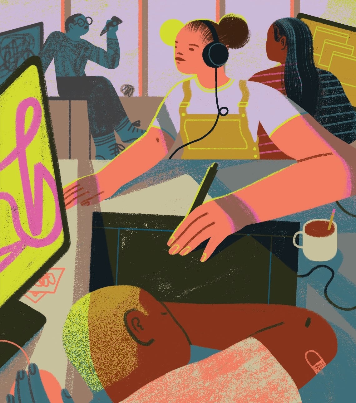 Digital illustration of a student with headphones on, working at their studio desk, with other students around them, eating pizza and working.