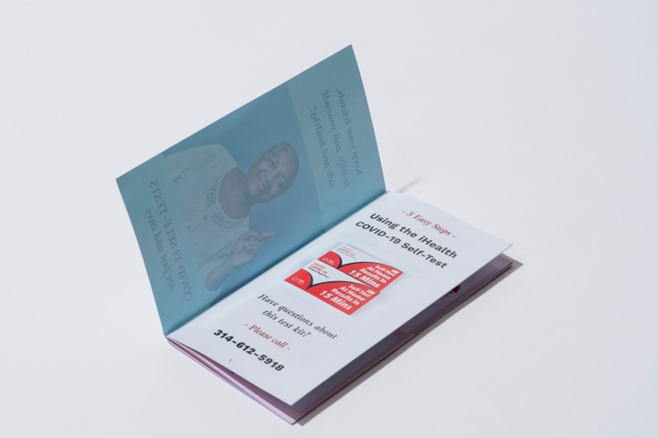 Booklet lies open to the 1st page, which shows a picture of the iHealth test kits. The page reads, "5 Easy Steps: using the iHealth COVID-19 self-test. Have questions about this test kit? Please call 314-612-5918."