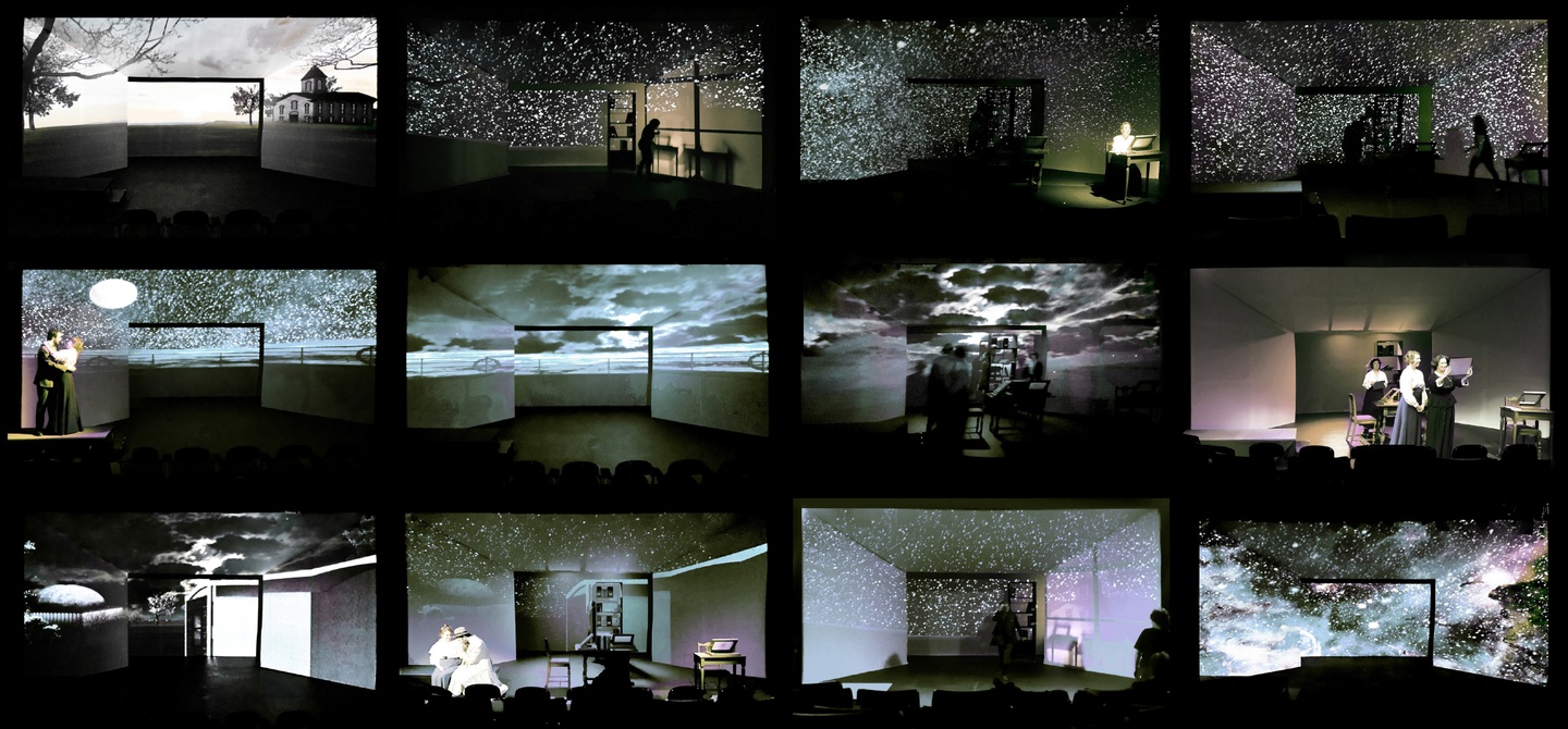 A series of 12 photographic stills from a performance and animation in a theater. Photographs are of cloudy and nighttime scenes.