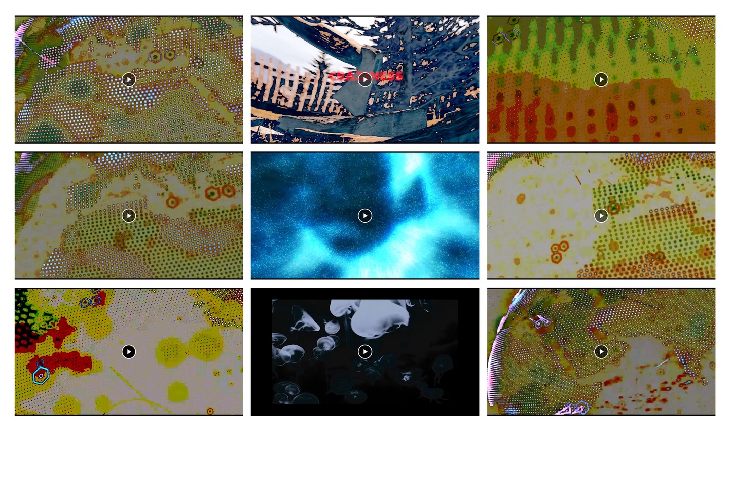 9 rectangle video stills of various abstract shapes