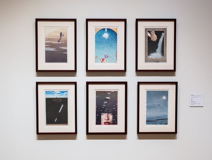 Six framed prints of illustrations showing quiet scenes and surreal juxtapositions of objects and landscapes.