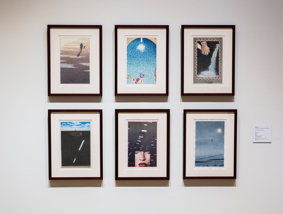 Six framed prints of illustrations showing quiet scenes and surreal juxtapositions of objects and landscapes.