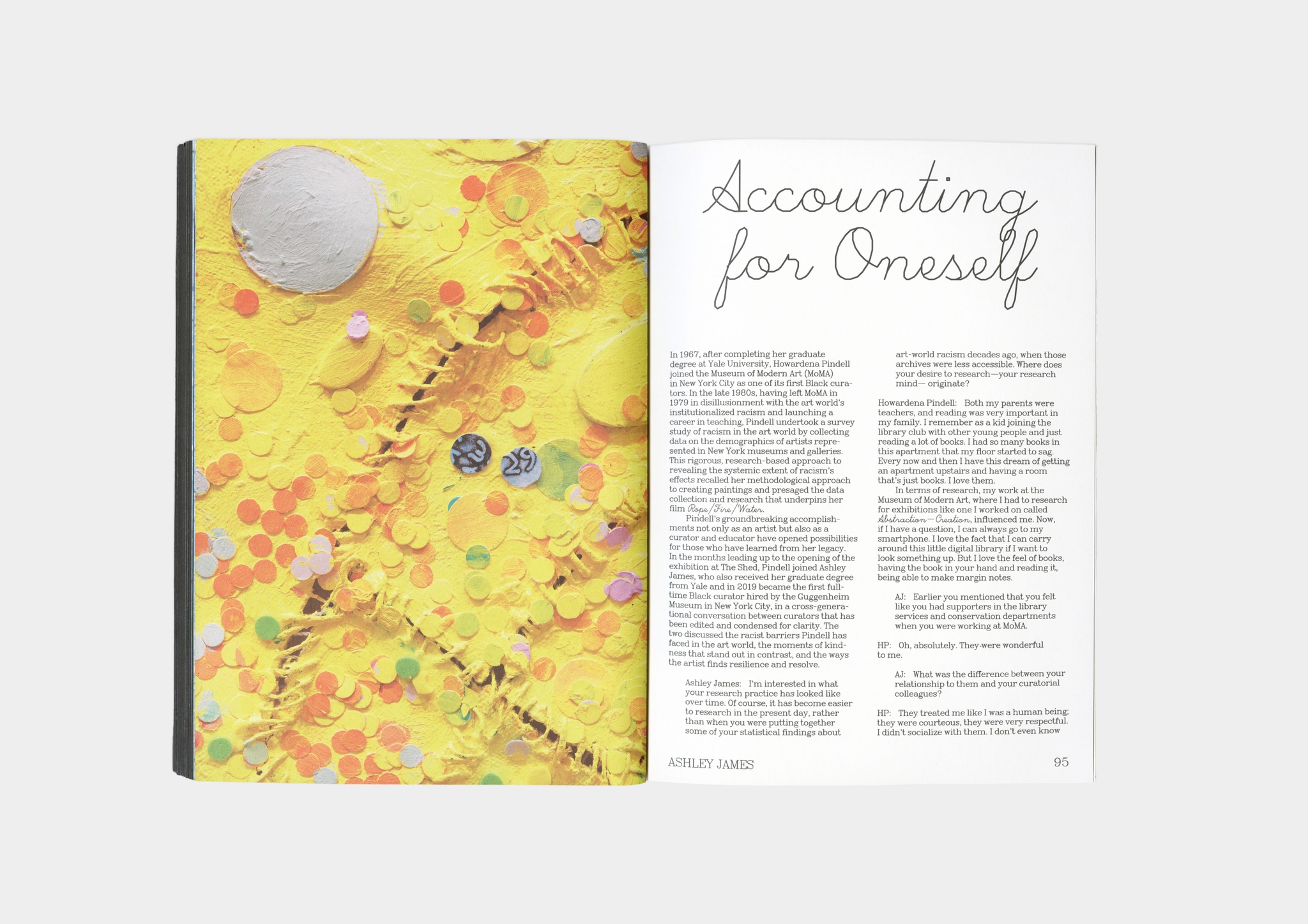 A spread of the catalogue "Howardena Pindell: Rope/Fire/Water". On the left is a full-bleed detail image of a yellow abstract painting with multicolored dots and suture-like stitiching. On the right, an essay title sits in script at the top of the page reading "Accounting for Oneself" with the author's name, Ashley James, at the bottom.