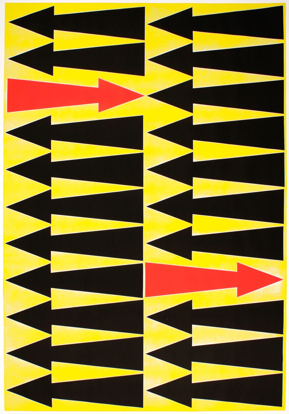 Graphic image of yellow field with many black arrows pointing left and two red arrows pointing right