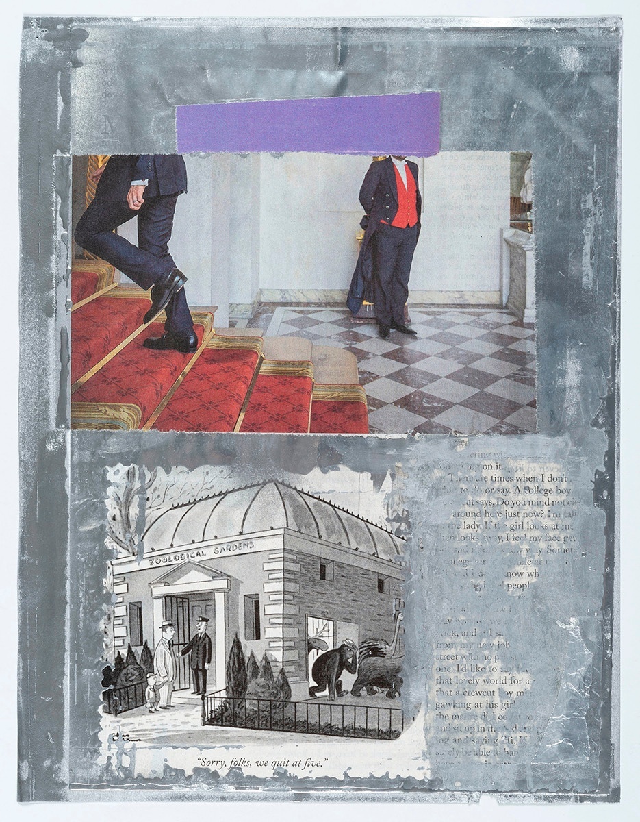 A collage: a violet rectangular shape above an image of a person ascending carpeted steps and a guard in uniform in the center; an illustration from The New Yorker of three people at the entrance of the zoological gardens, out of which the animals exit/escape; a passage obscured with light gray/white paint/ink.