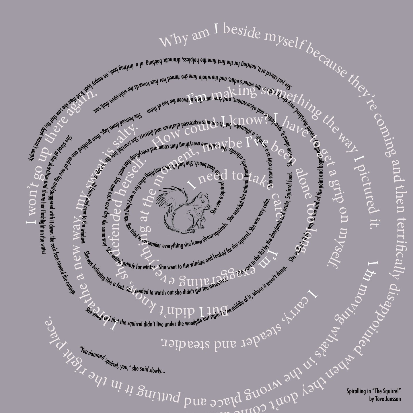 black and white text in a spiral with a squirrel in the middle on a gray background