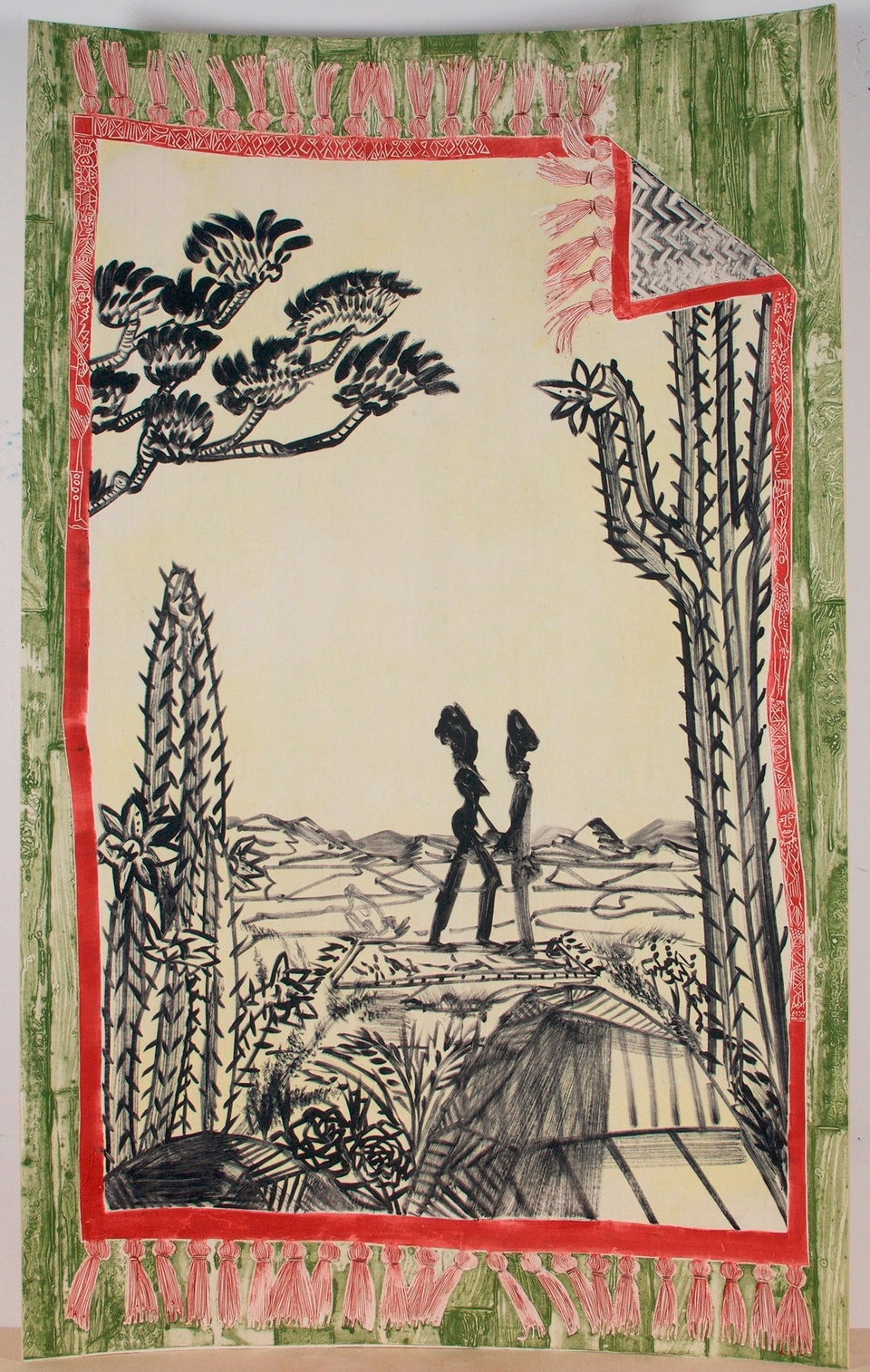 Black and white monotype of two figures flanked by cacti with a green, red, and pink border