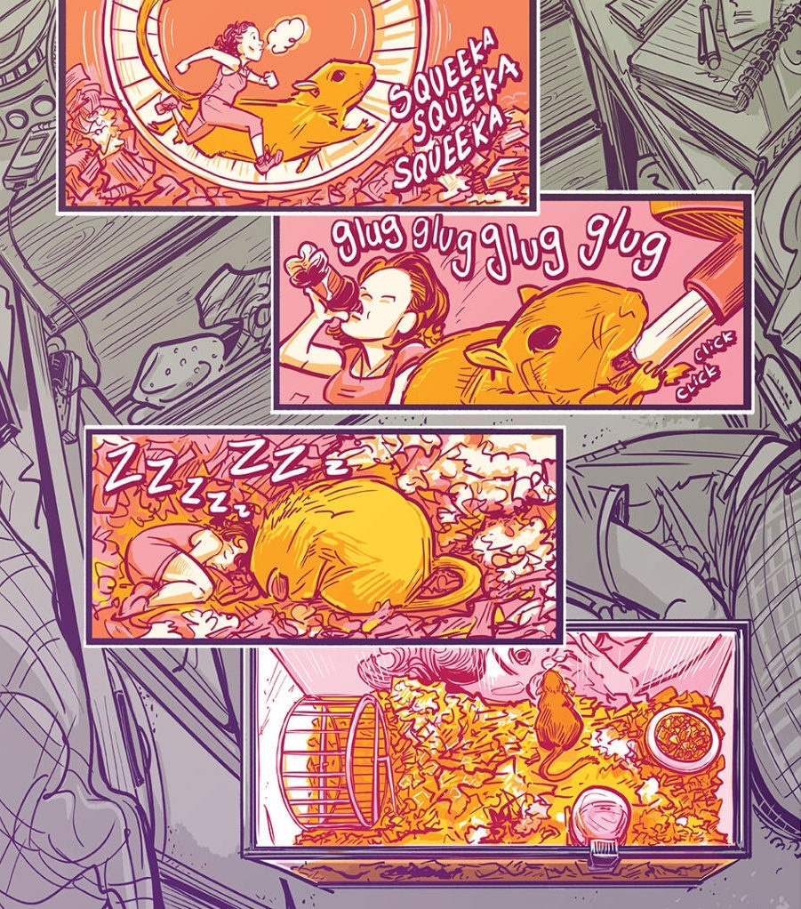 Four, vertically stacked panels of a digital illustration featuring a college student and a gerbil. First they are running on a wheel together, then enjoying drinks (soda and water), then napping together. The final panel shows the student outside the gerbil's cage waving.
