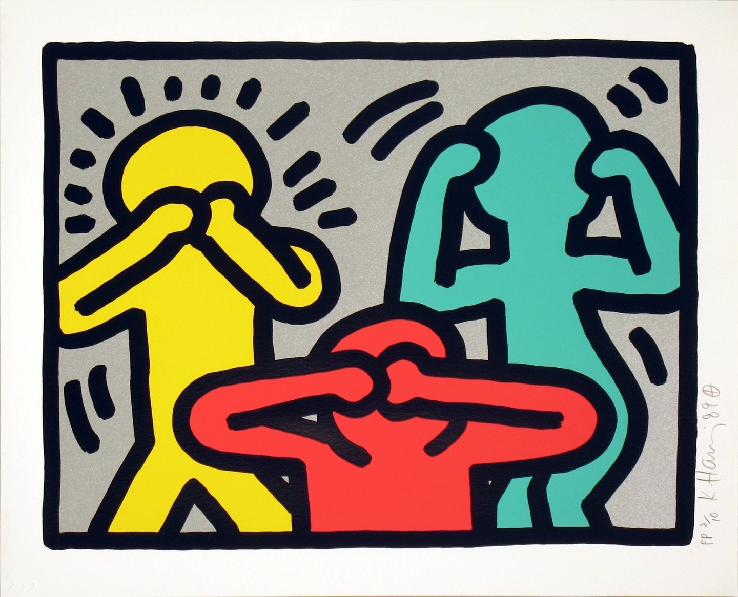 A Keith Haring illustration featuring three silhouette figures in yellow, red and blue