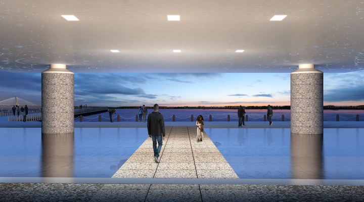 View of the International African American Museum in Charleston, SC, showing a covered walkway overlooking a body of water and horizon of sky at dusk.