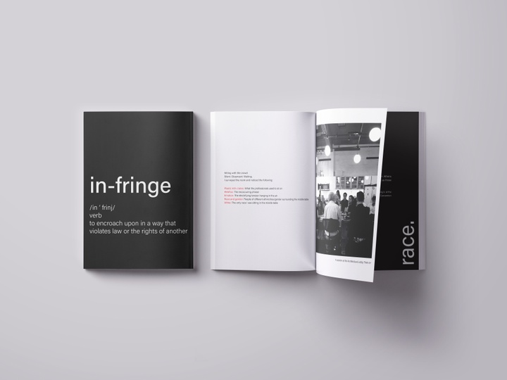 Booklet spreads with white text 'infringe' and its definition on a black background