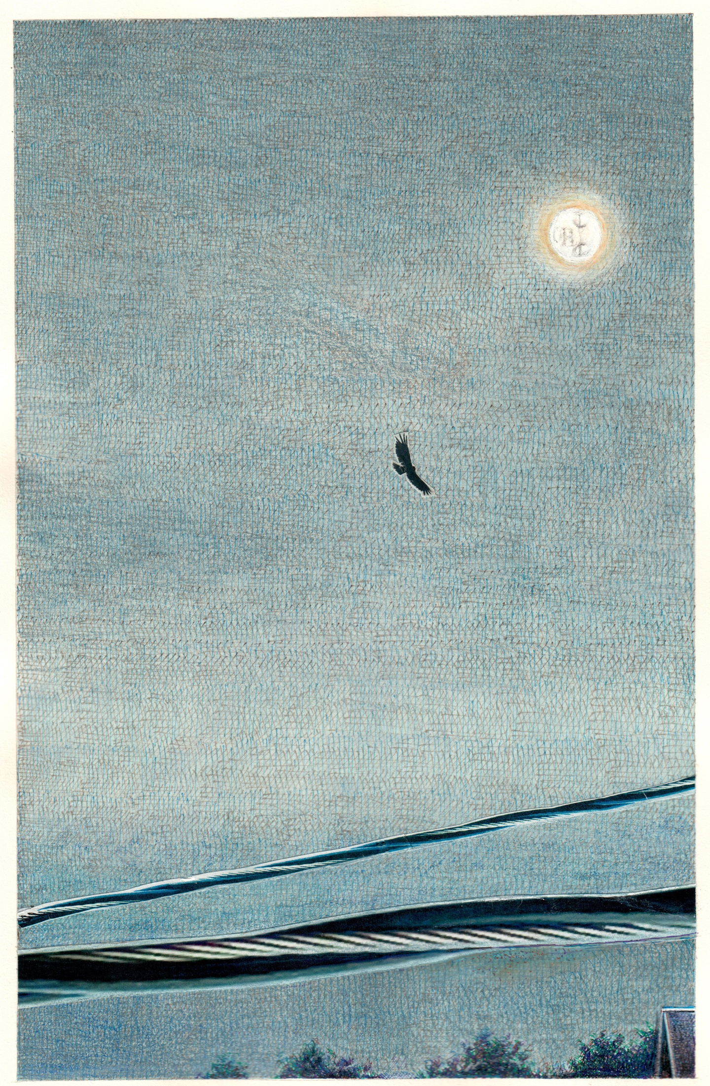 In the broad expanse of sky is a moon (in the upper right, with a face, eyes closed) and a bird soaring across. Below rooftops and trees are just visible; two wisps of rope (or smoke/fog perhaps) stretch across the composition in the foreground.