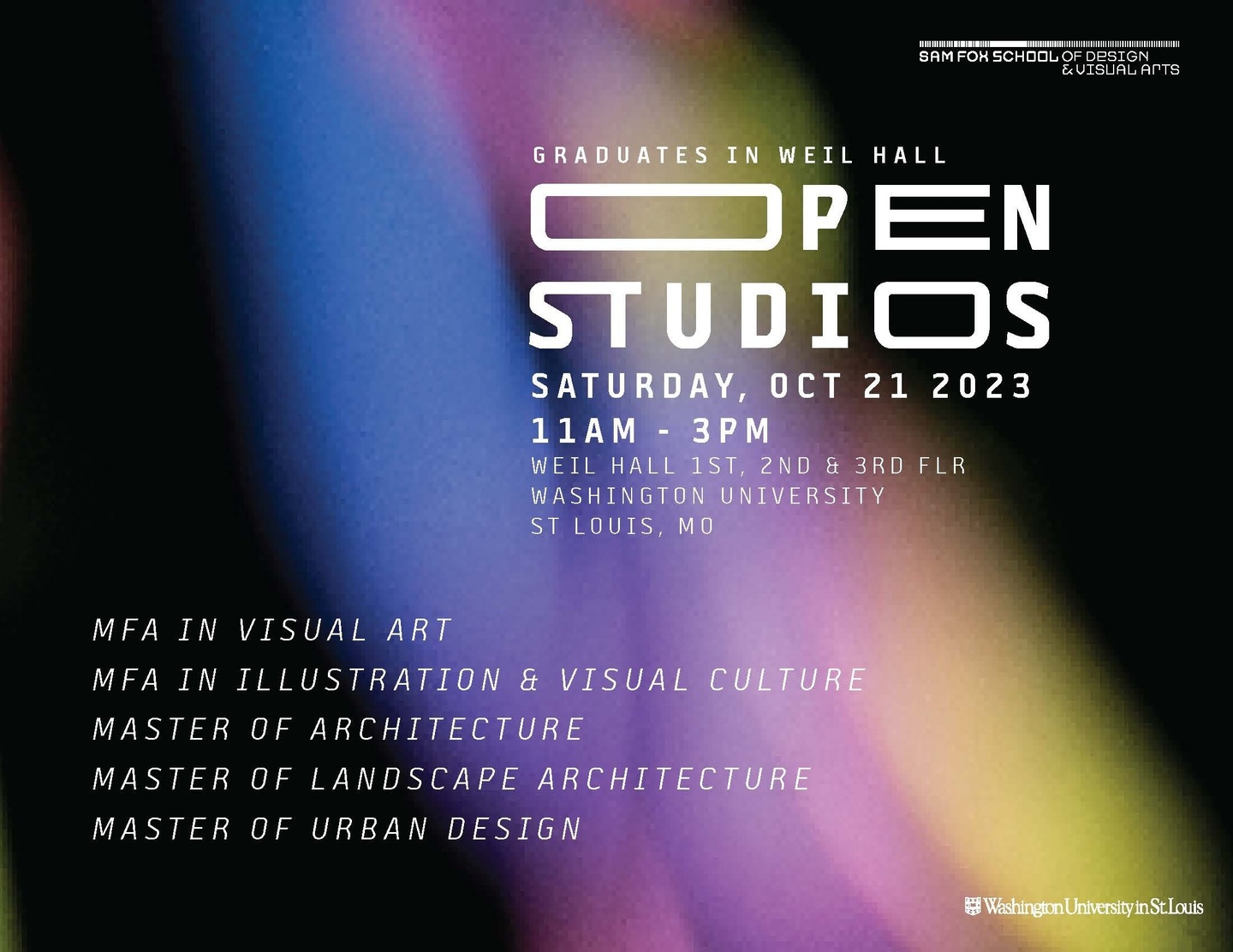 flyer with black background with blue, purple, yellow colors going vertically in the center with text on top that says Graduates in Weil Hall Open Studios