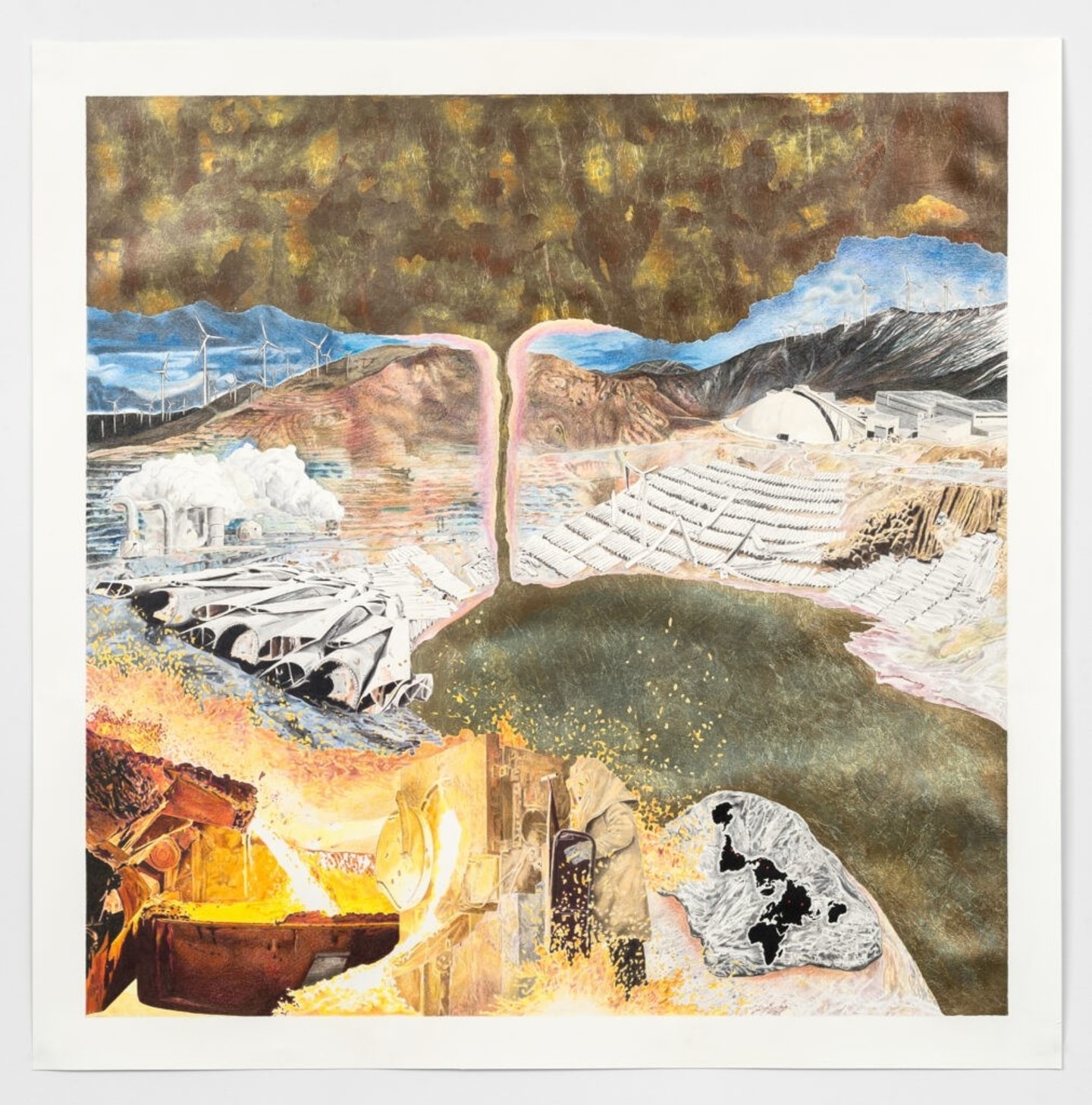 collage of images of mountains, wind turbines, a ship, an ampitheater, and someone welding