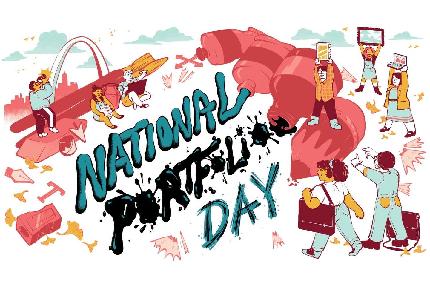 poster illustration with people using art supplies and National Portfolio Day in the center