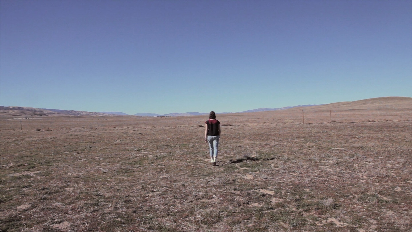Individual whose back is to the viewer, walking across a vast, barren landscape with a blue sky.