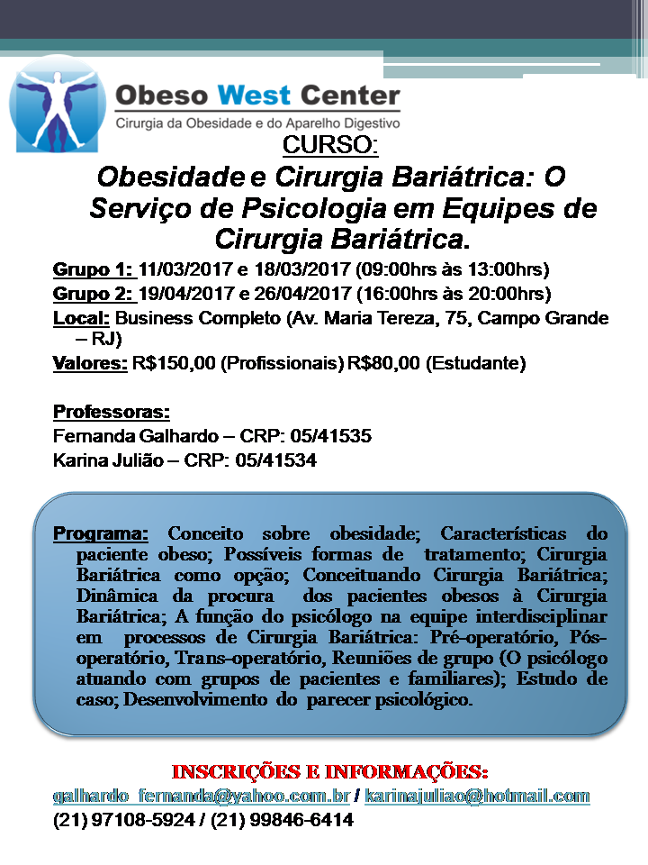 Curso: OBESIDADE E CIRURGIA BARIÁTRICA: O SERVIÇO DE PSICOLOGIA EM EQUIPES DE CIRURGIA BARIÁTRICA