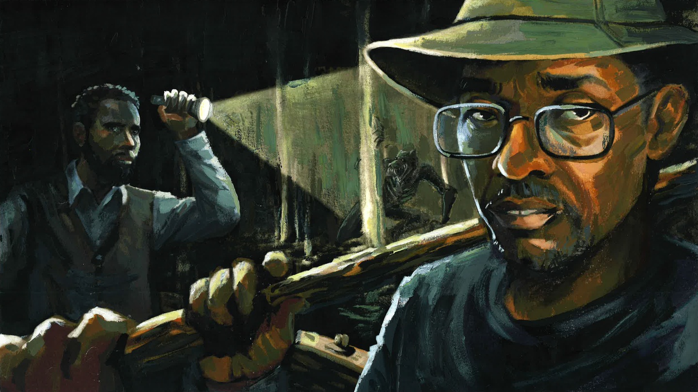 Acrylic painting of two men in a dark environment. One holds a wooden handle, the other a flashlight.