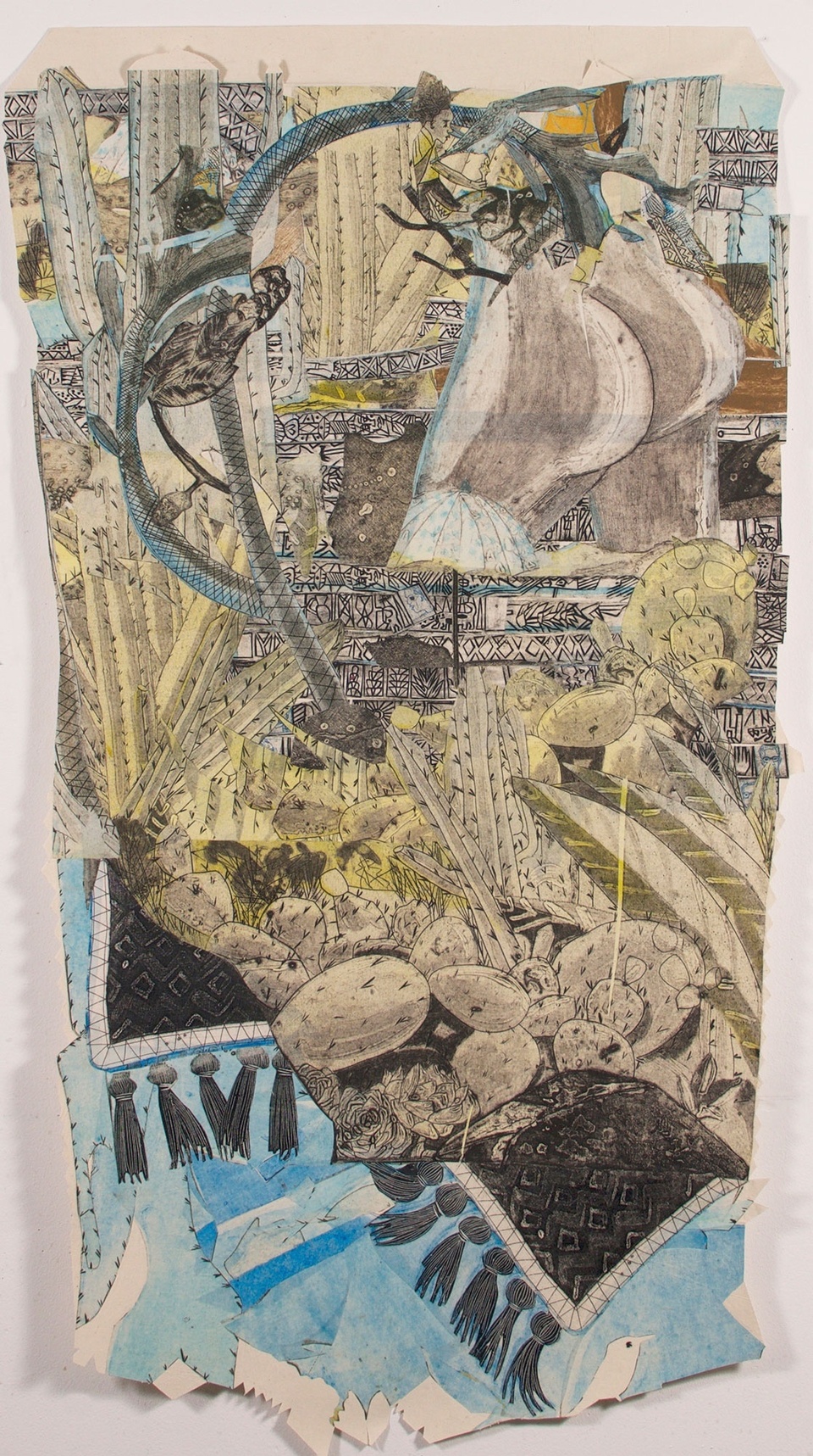 Collage of printed textile, desert, and figural shapes in blue, brown tone, blacks, and grays.