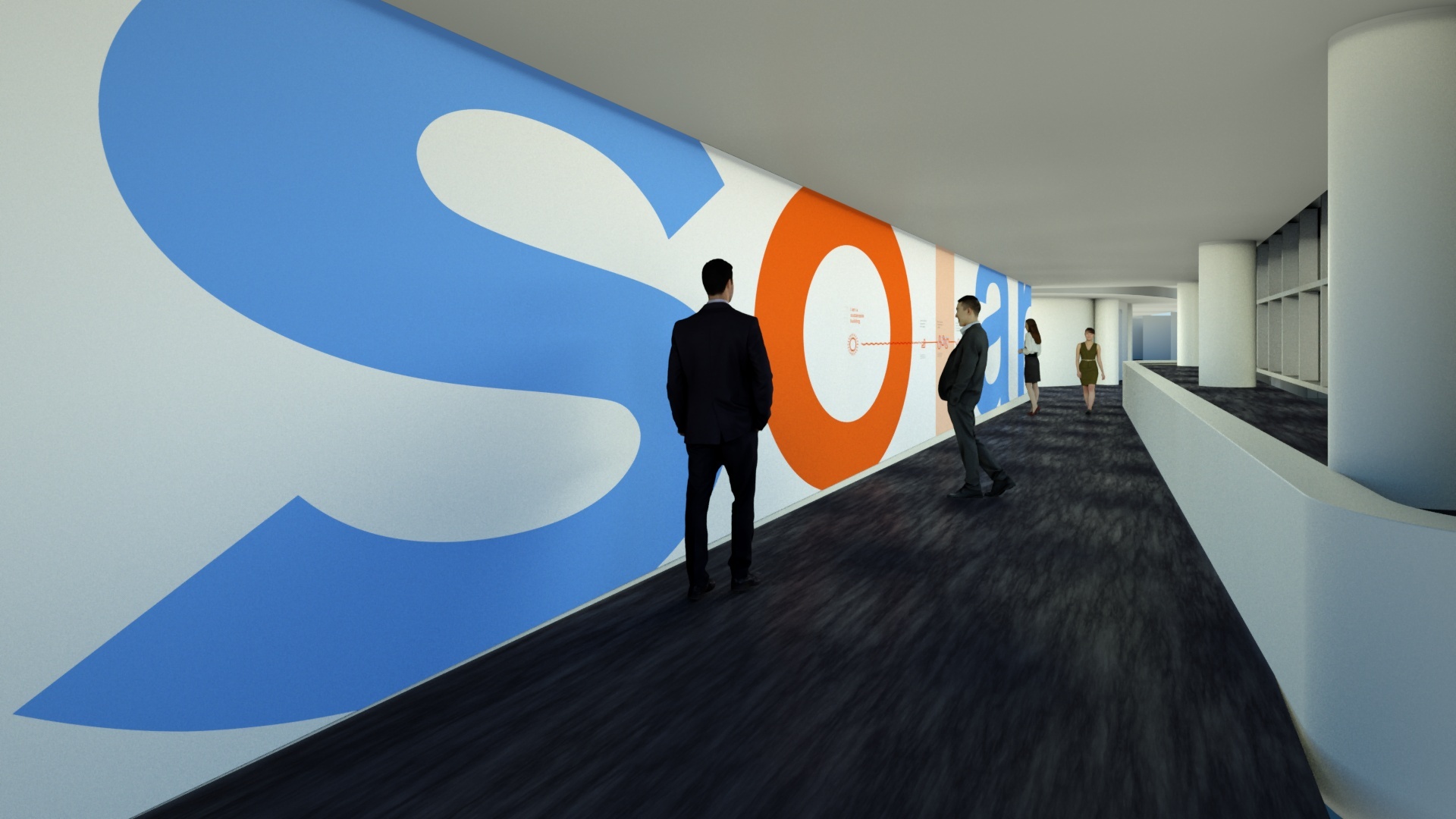 Render of people standing in hallway with the word "solar" on wall in blue and orange text