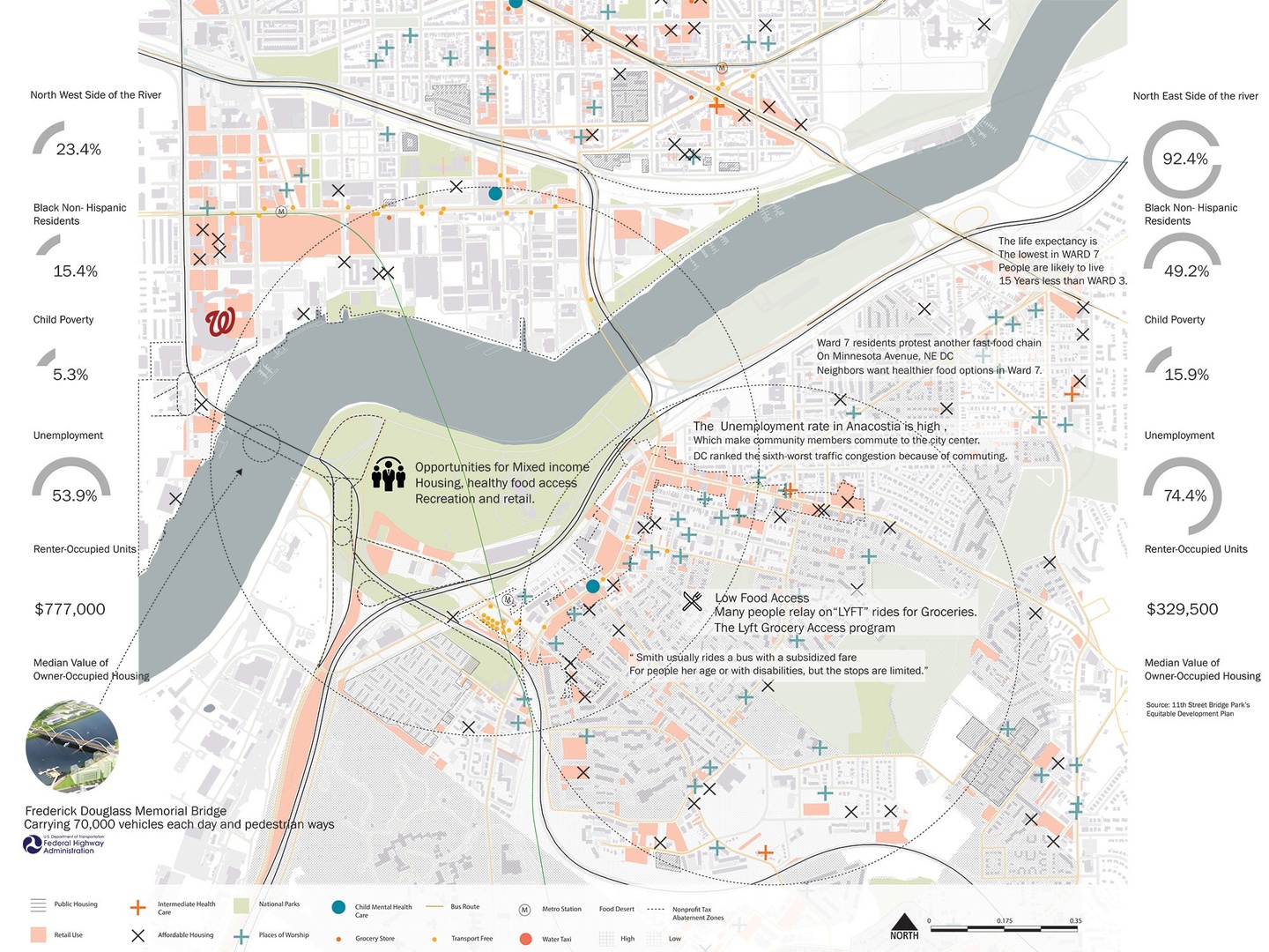 Map of Poplar Point in Washington DC depicting income, affordable housing and other points of interest