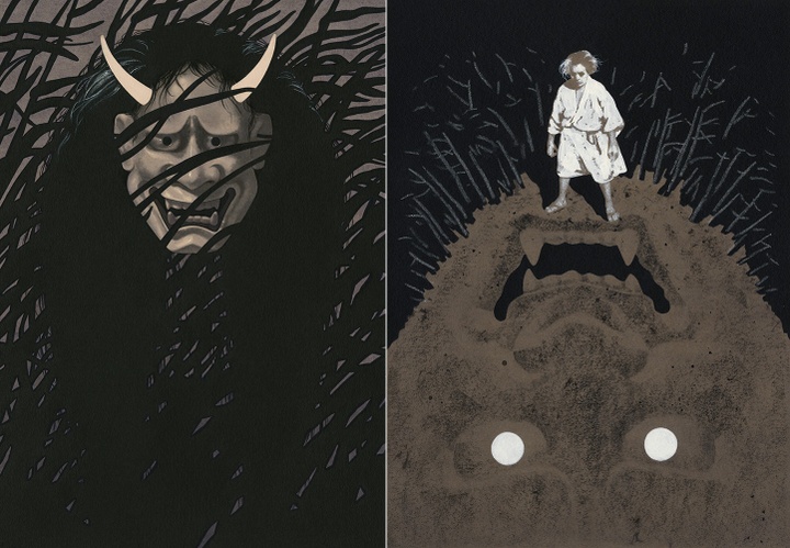 Two images: (left) illustration of a ghoulish head with horns and a mane of black hair, set against a background of black grass; (right) illustration of a figure standing atop a massive, upside down head with pointy teeth and bright eyes.