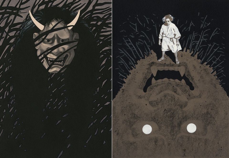 Two images: (left) illustration of a ghoulish head with horns and a mane of black hair, set against a background of black grass; (right) illustration of a figure standing atop a massive, upside down head with pointy teeth and bright eyes.