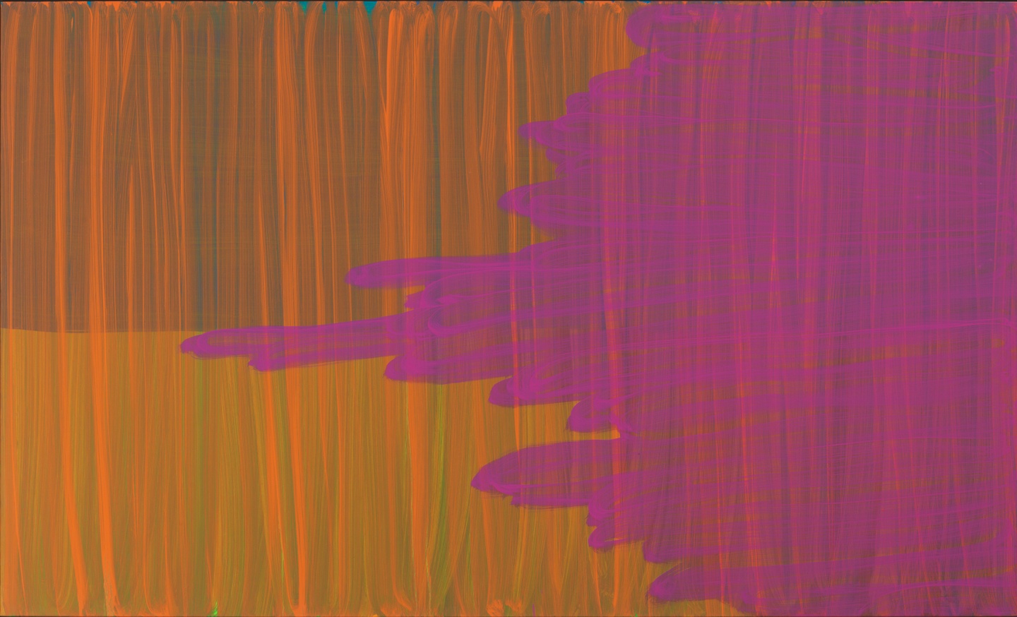 An abstract painting consisting of orange vertical stripes overlayed with an encroaching fuscia field