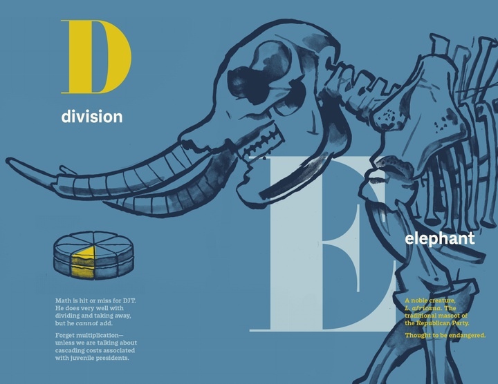 Book page for the letters D-Division and E-Elephant, featuring text blocks as well as illustrations of a Trivial Pusuit pie with a yellow wedge colored in and of an elephant skeleton.