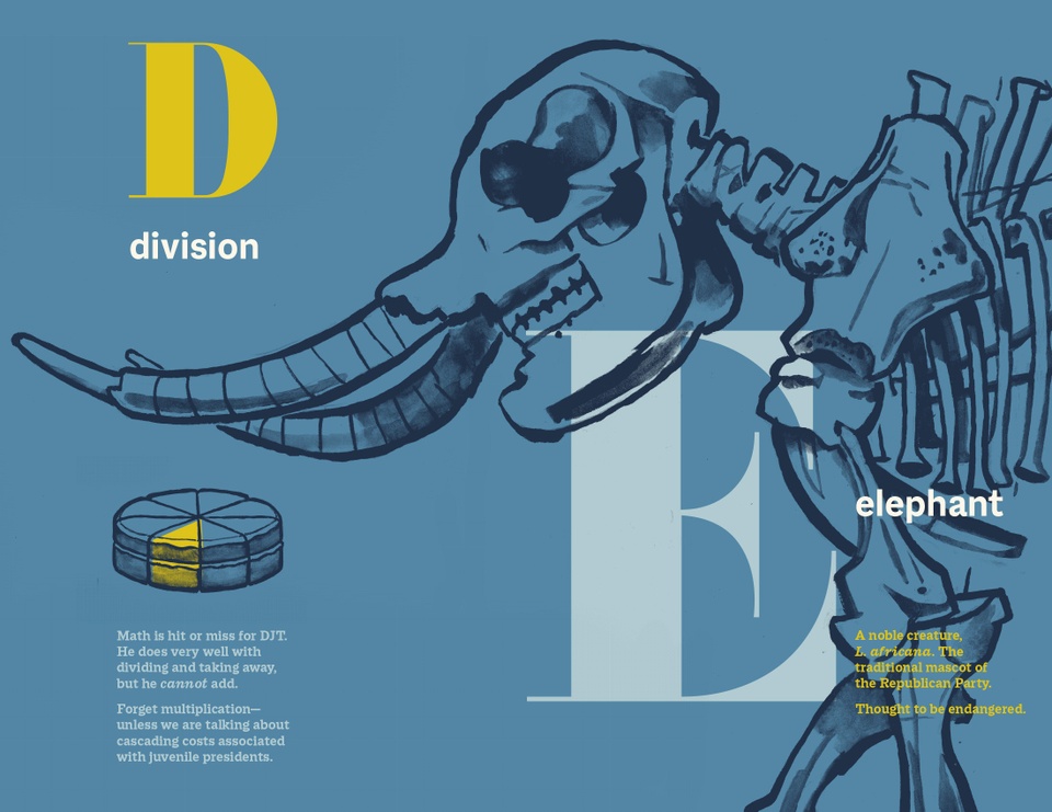 Book page for the letters D-Division and E-Elephant, featuring text blocks as well as illustrations of a Trivial Pusuit pie with a yellow wedge colored in and of an elephant skeleton.