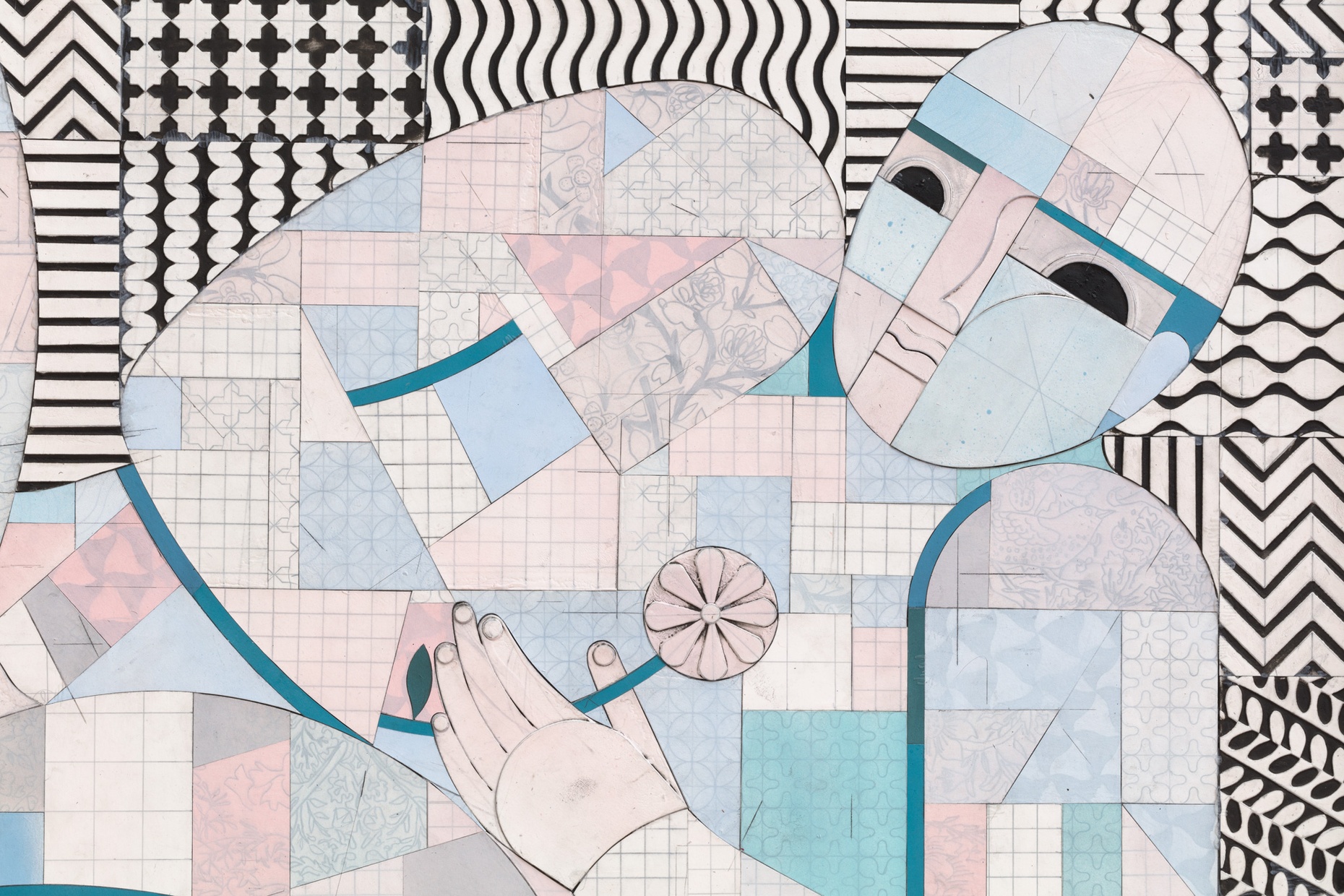A pastel-colored, abstract male figure holding a flower reclines against a background of black and white geometric pattern.